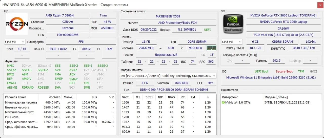 Ноутбук MAIBENBEN X558 Ryzen 7 5800H RTX 3060