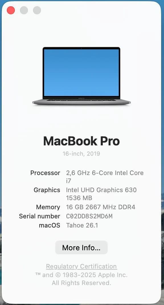 MacBook Pro 16 2019 i7 16GB 512GB 300€
