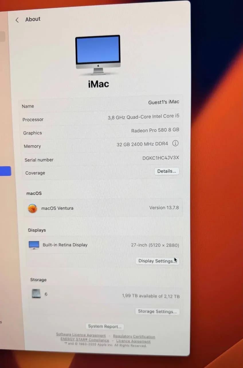 iMac 27 Retina 5K i5 32GB SSD 2TB