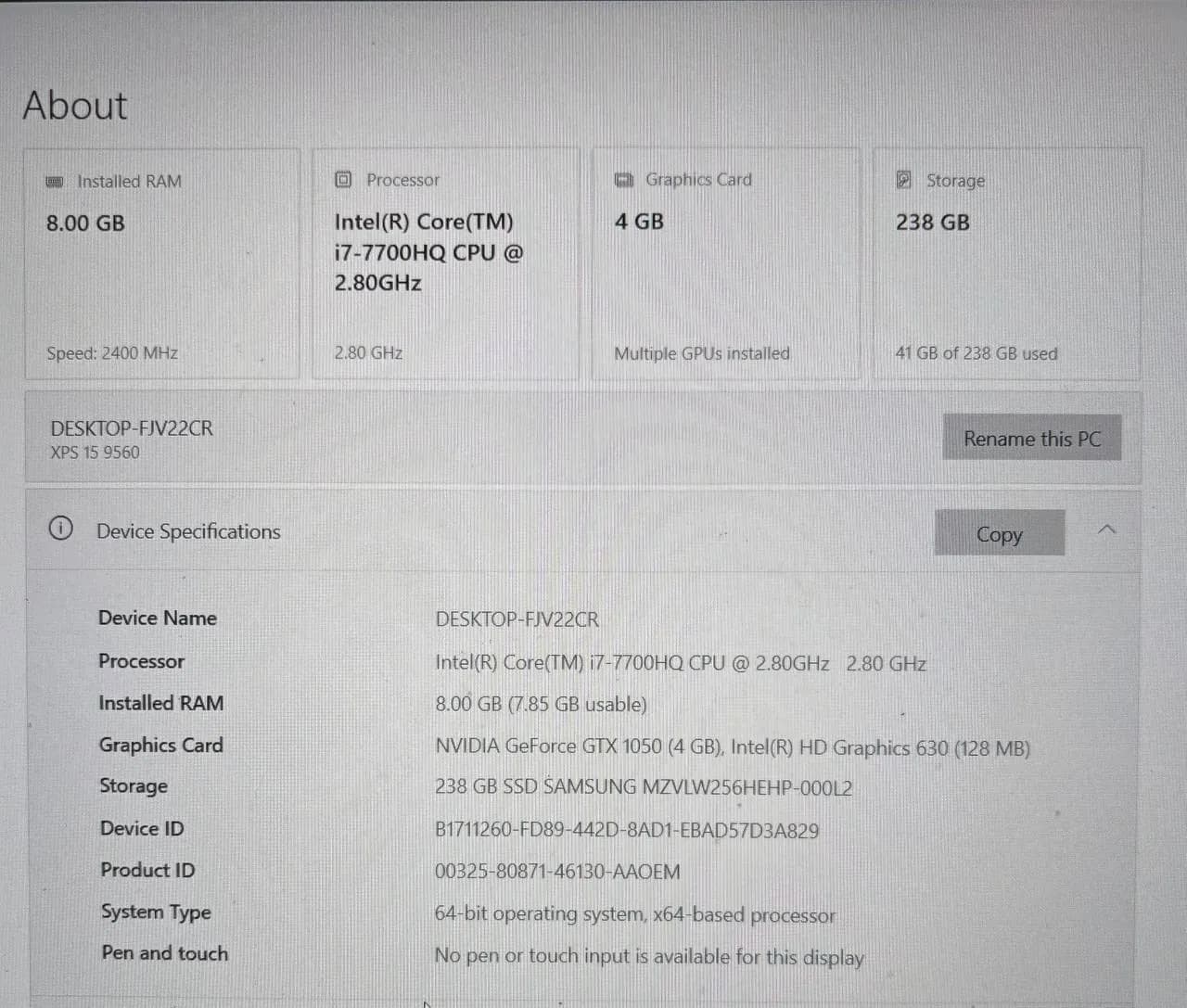 Ноутбук Dell XPS 15 9560 i7 GTX 1050 220 EUR