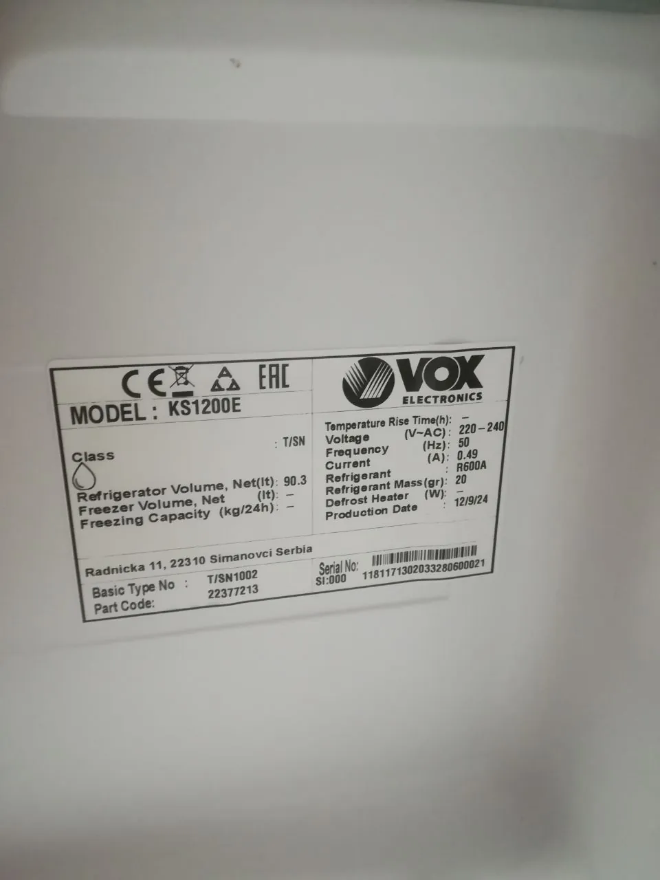 Холодильник Vox KS 1200 E однодверный 6