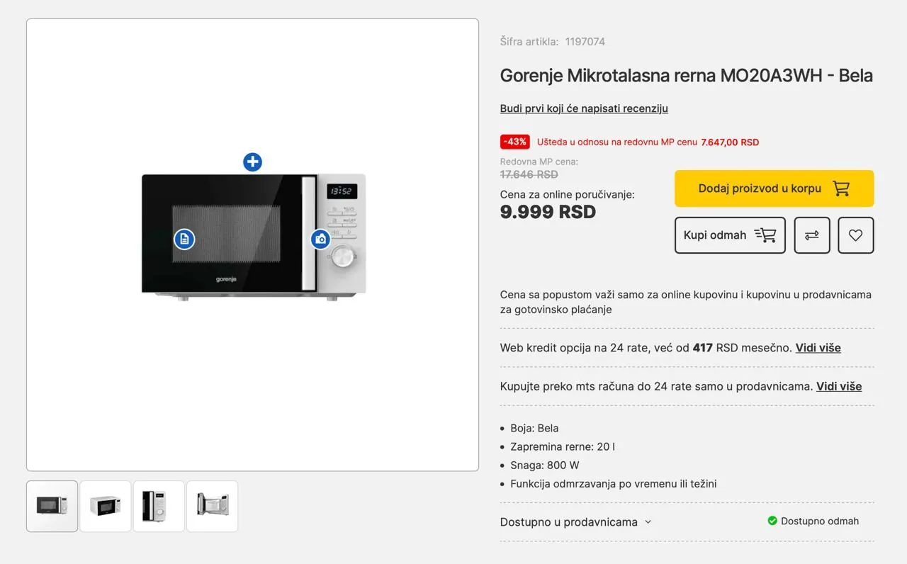 Микроволновая печь GORENJE MO20A3WH 3