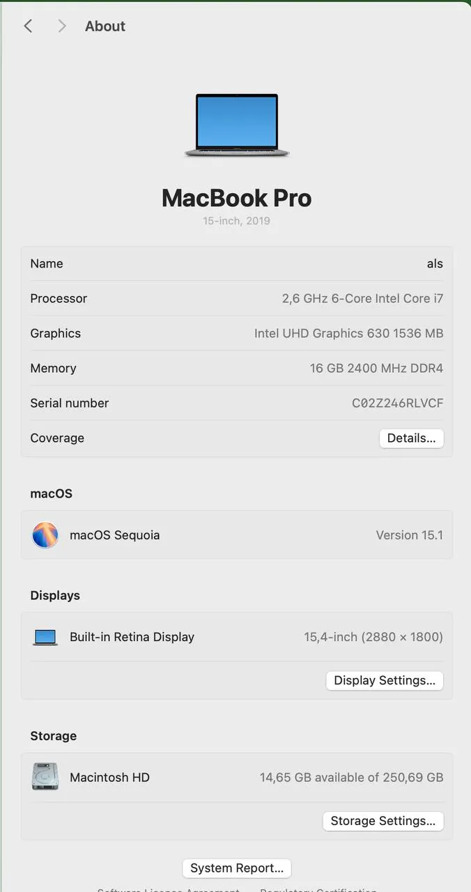 MacBook Pro 15 2019 i7 16GB хорошее состояние 9