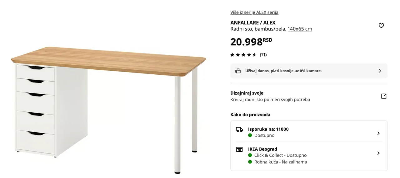 Стол IKEA ANFALLARE с тумбой ALEX 1