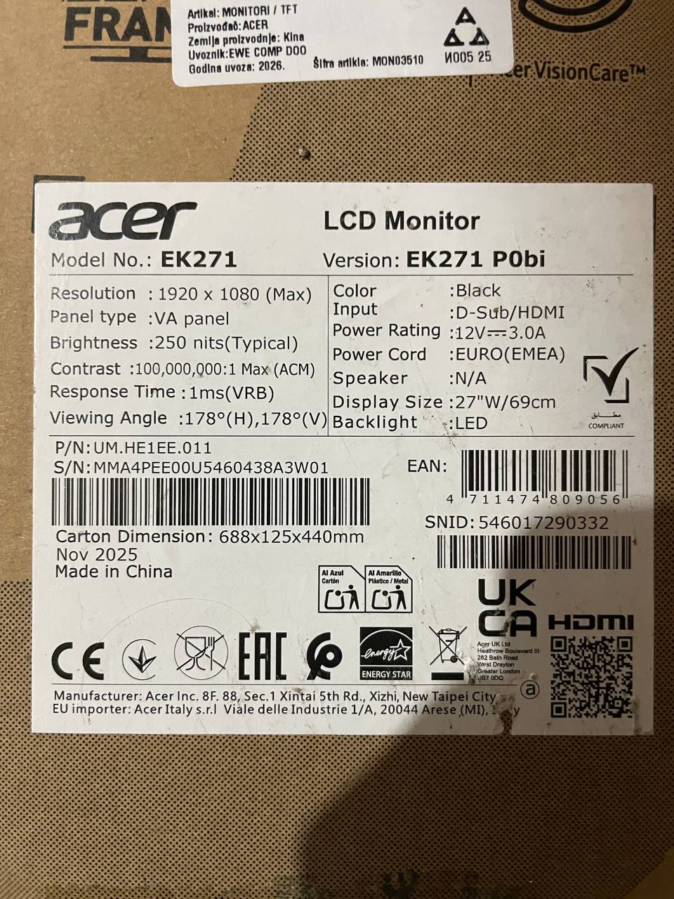 Монитор Acer 27 дюймов 3