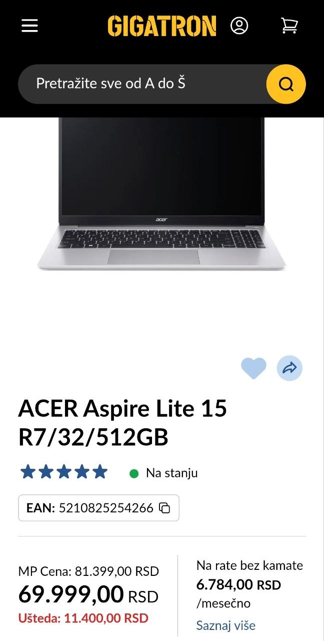 Ноутбук Acer Aspire Lite 15 Ryzen 7 5700U 4