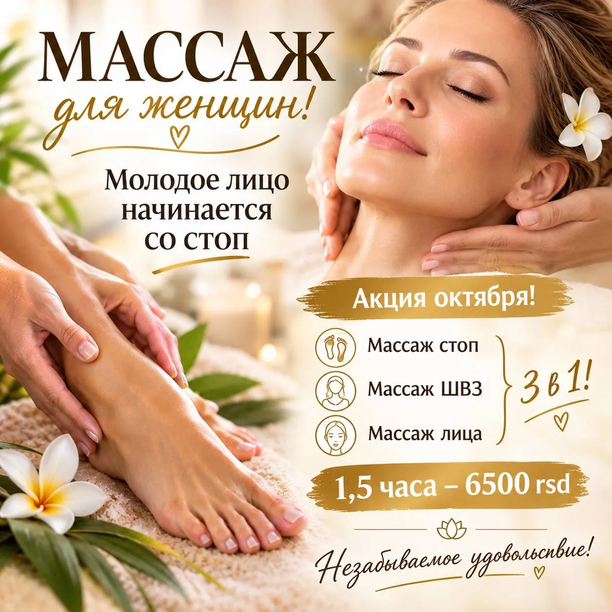 Массаж стоп, лица и шейно-воротниковой зоны для женщин 1