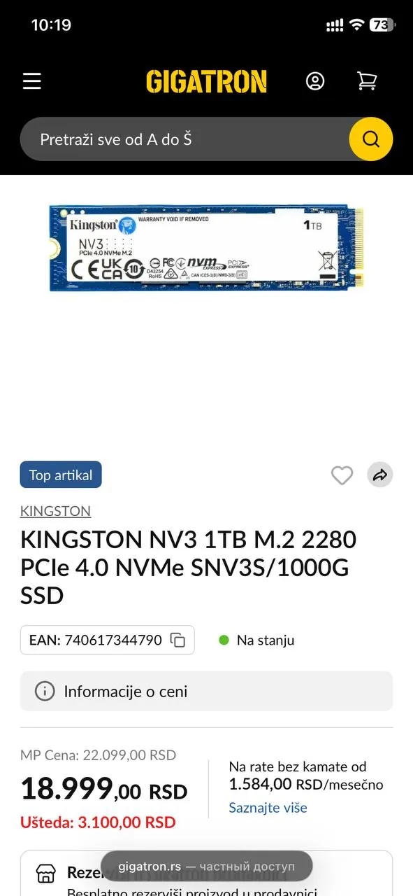 SSD Kingston NV3 1TB M.2 NVMe PCIe 4.0 1