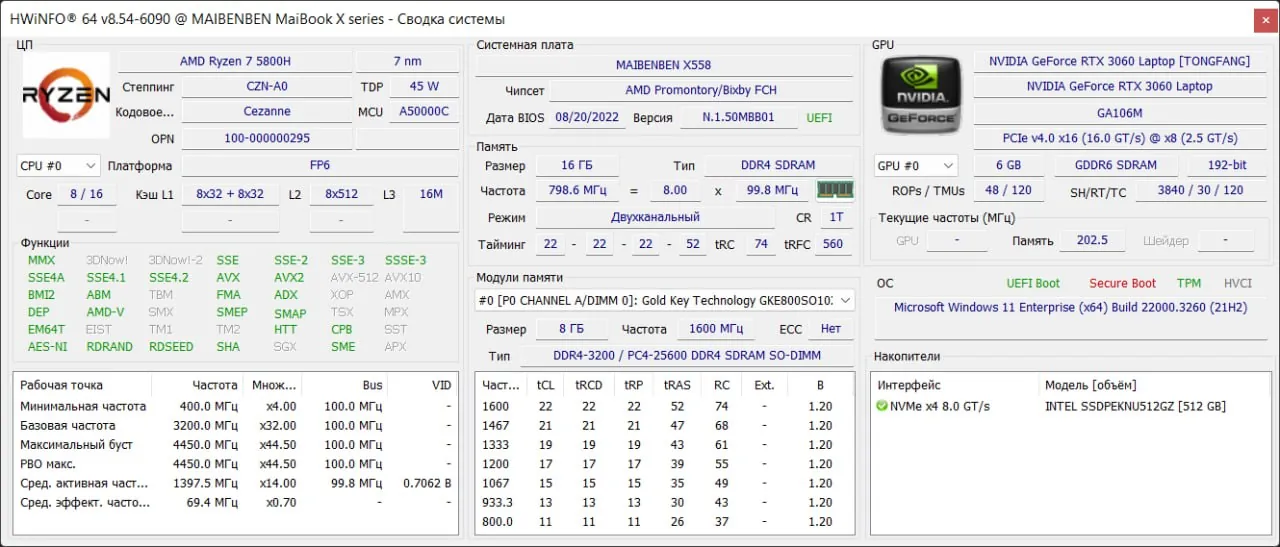 Ноутбук MAIBENBEN X558 Ryzen 7 5800H RTX 3060 1