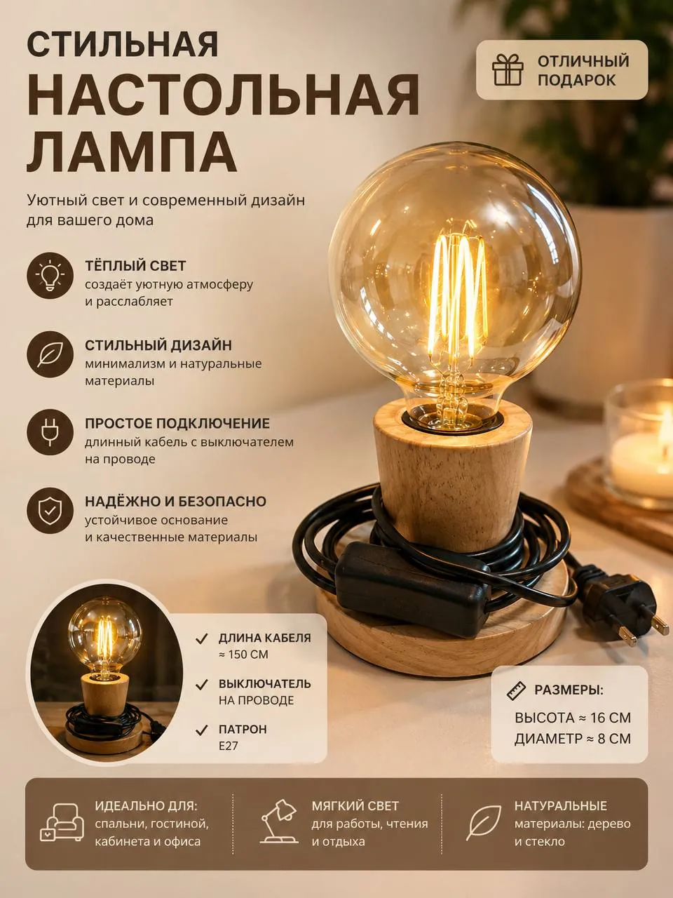 Настольная лампа LED деревянное основание 1