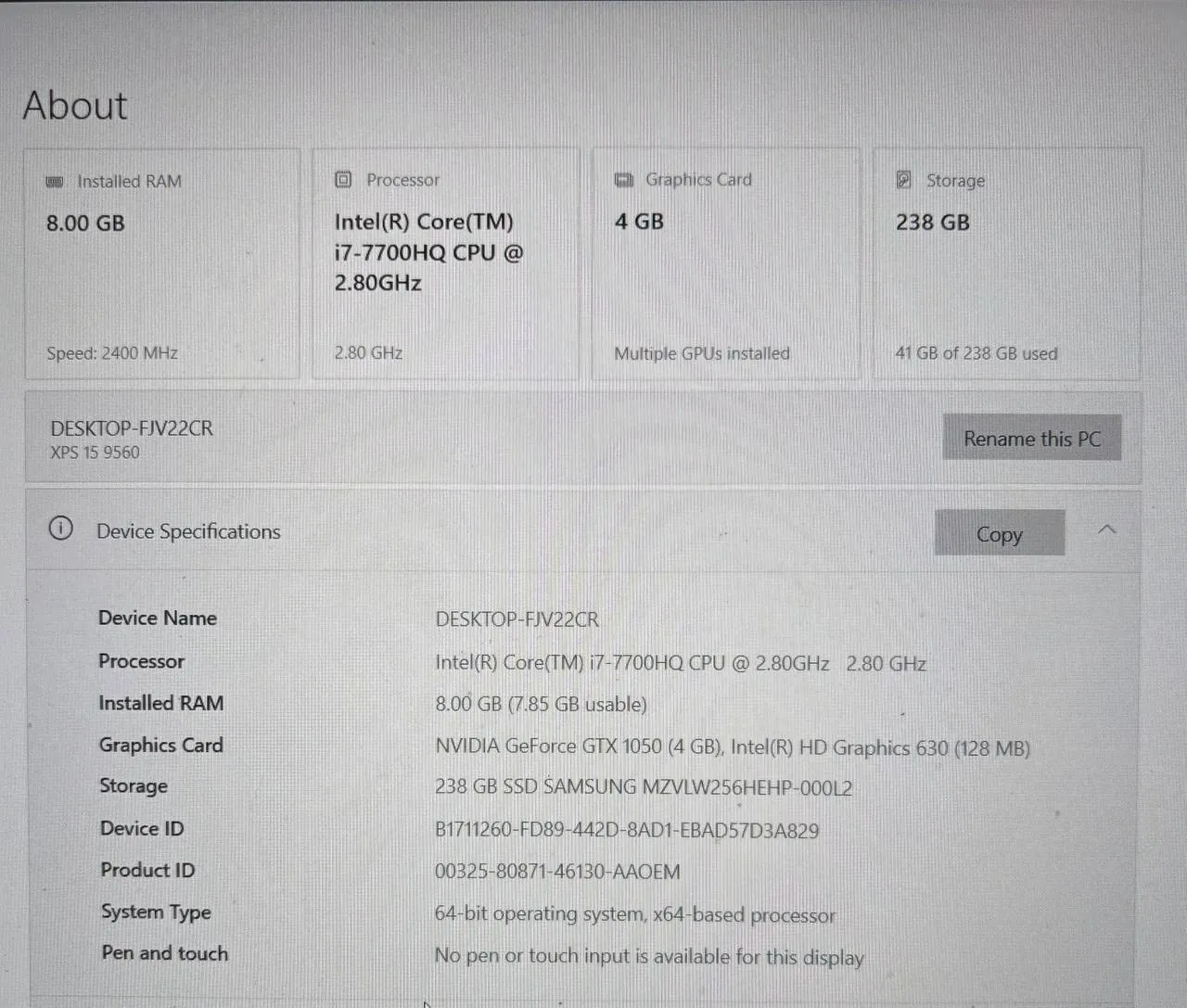 Ноутбук Dell XPS 15 9560 i7 GTX 1050 220 EUR 1