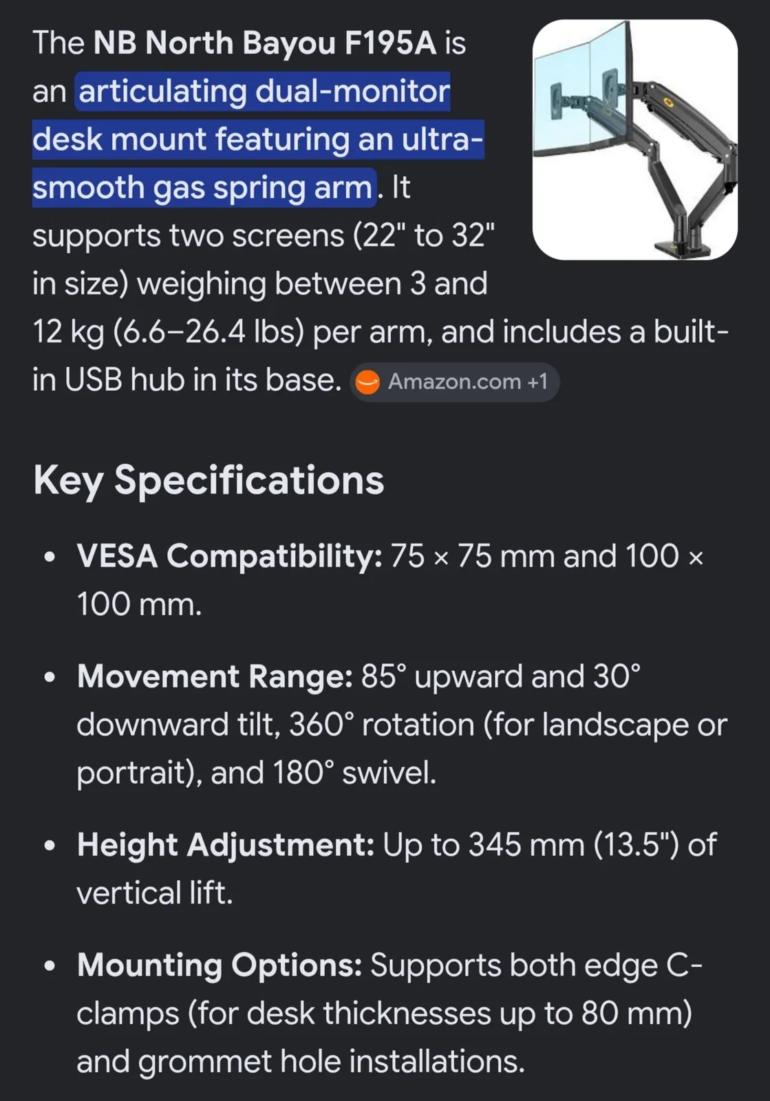 Кронштейн для двух мониторов North Bayou F195A 5